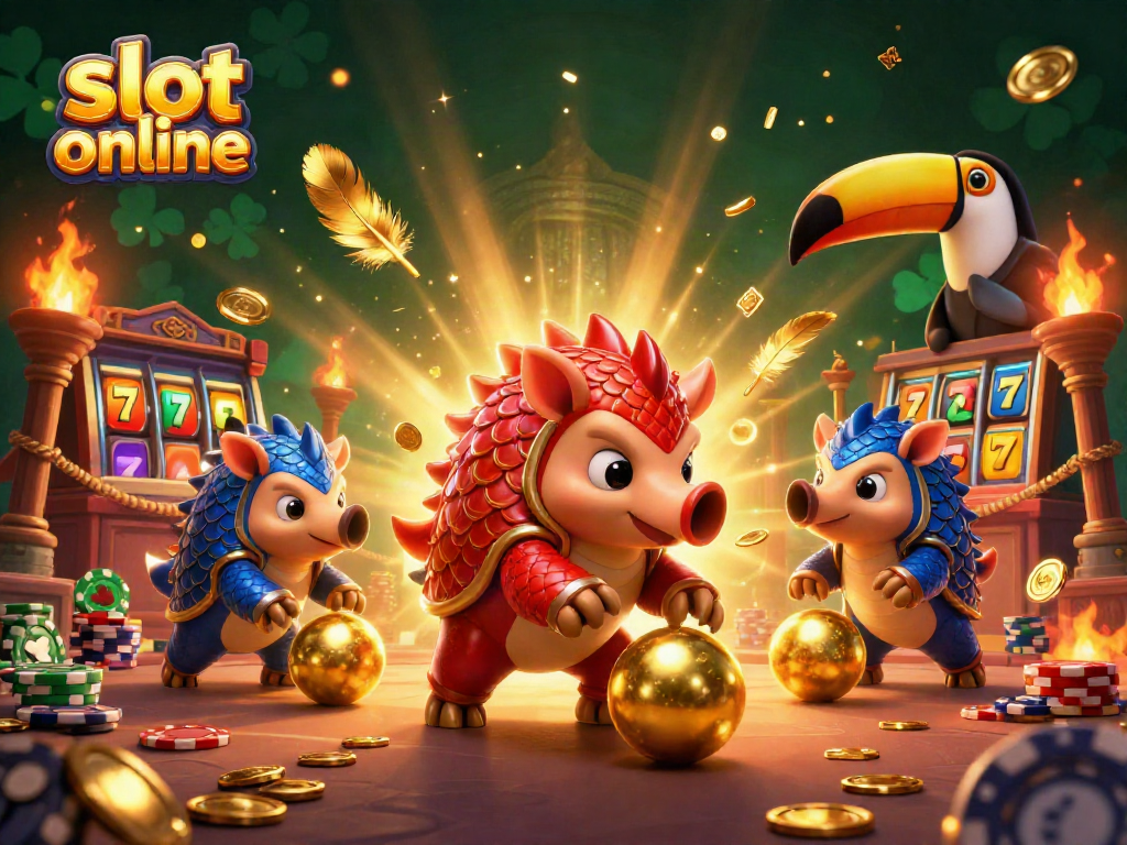 Engage in thrilling slot online fun with rival pangolins rolling golden balls through poker chips in a dynamic casino scene.