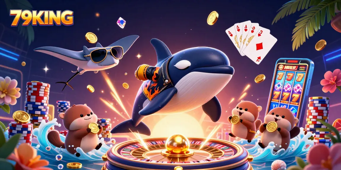 Experience the thrill of winning with 79KING’s dynamic casino illustration featuring a jumping orca and gold coins.