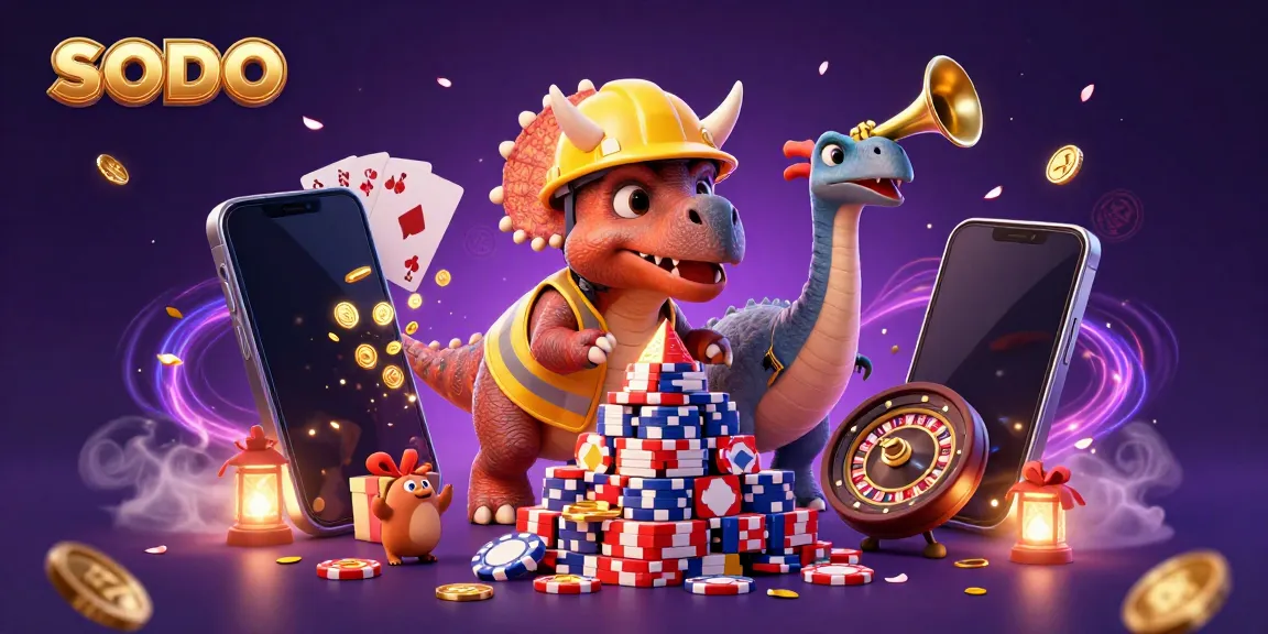 Engage in exciting gaming action at SODO with cartoon triceratops building poker chips amidst dynamic casino elements.