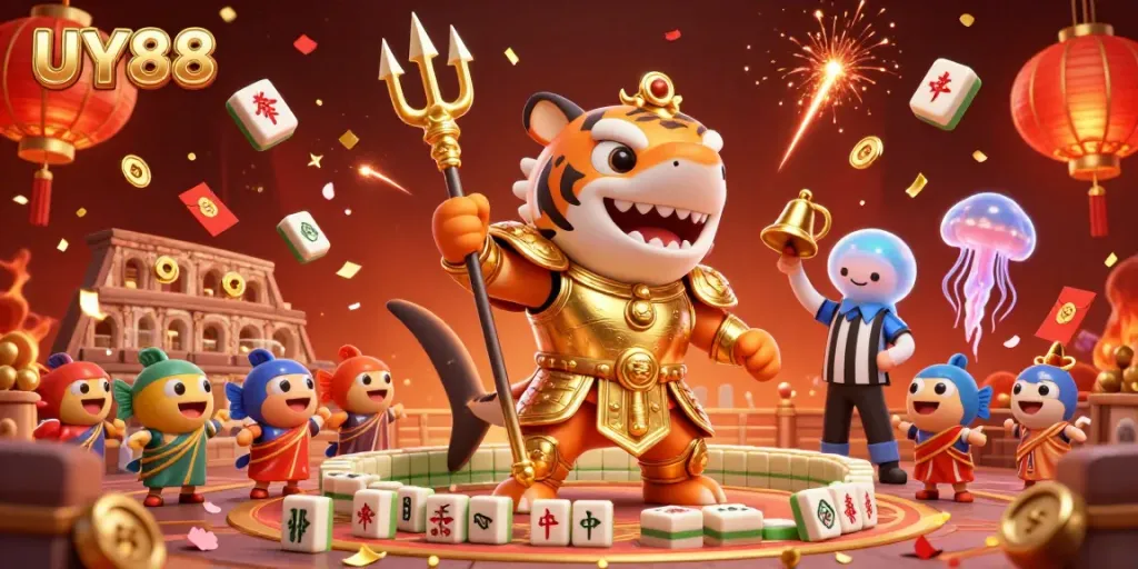 Engage in thrilling UY88 gameplay featuring a fierce shark gladiator surrounded by vibrant casino elements.