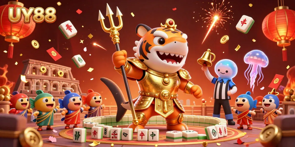 Engage in thrilling UY88 gameplay featuring a fierce shark gladiator surrounded by vibrant casino elements.