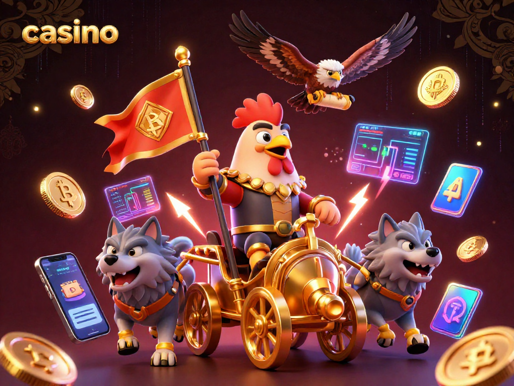 Engaging casino illustration featuring a rooster warlord amidst glowing crypto elements and dynamic game symbols.