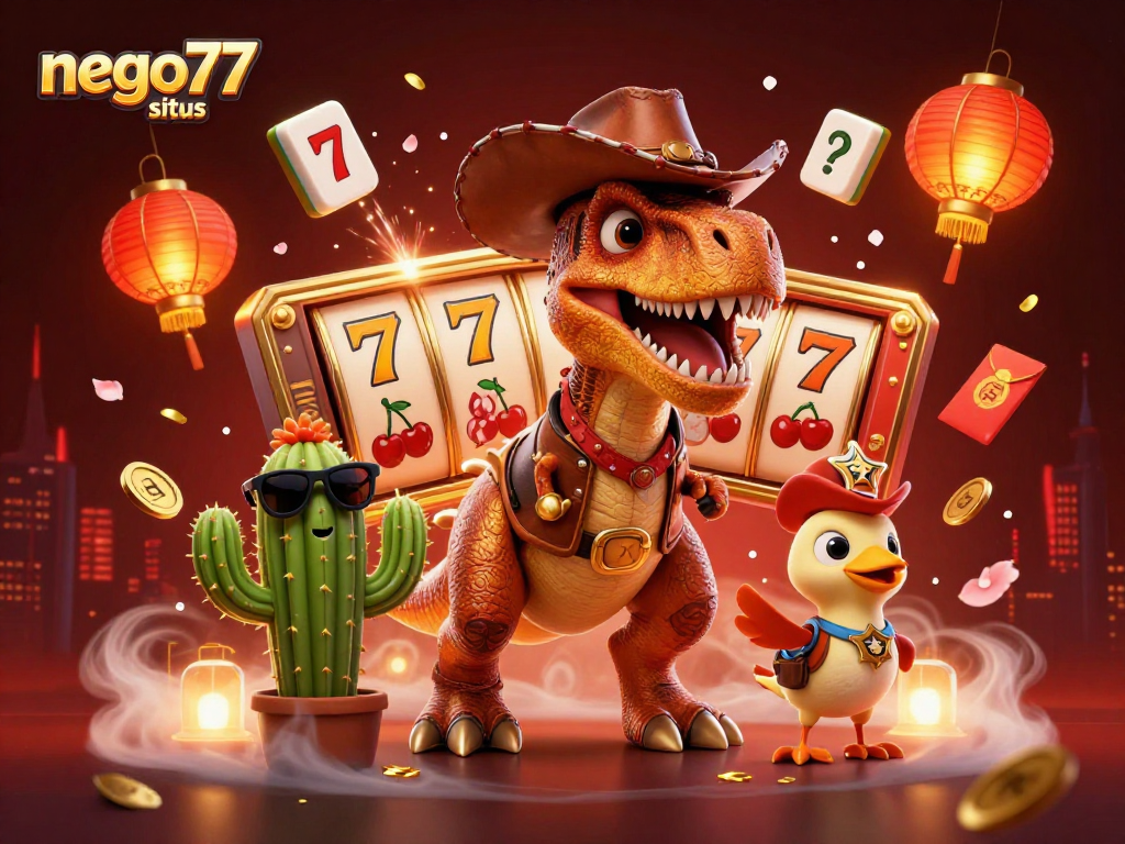 Engage with the exciting world of nego77 situs through vibrant casino-themed 3D illustration featuring lucky symbols and dynamic characters.