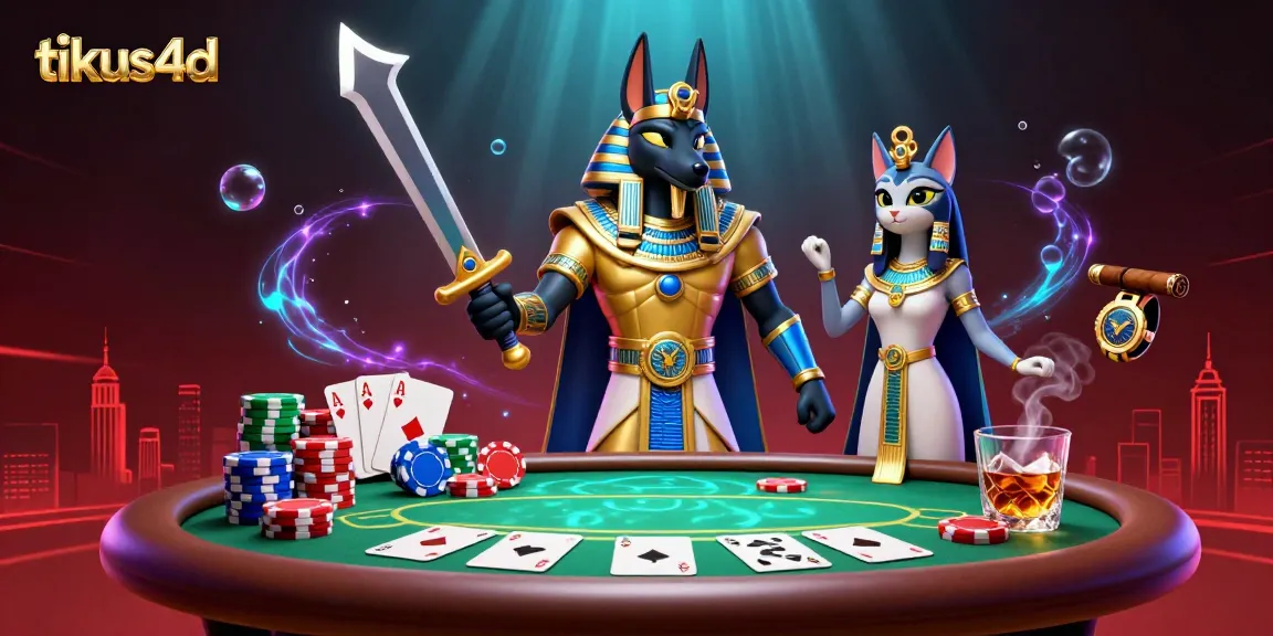 Tikus4d delivers exhilarating poker action with a vibrant 3D scene showcasing Anubis and Bastet surrounded by colorful chips and glowing cards.
