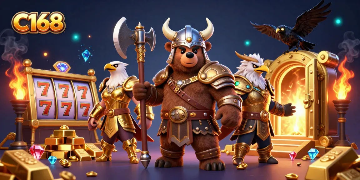 C168 casino scene with Viking bear, Valkyrie eagle, and Odin's ravens celebrating big winnings.