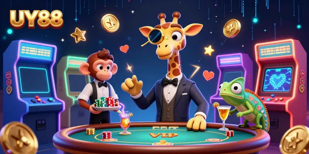 Experience the excitement at UY88 with a high-roller giraffe and playful characters in a packed, animated casino scene.