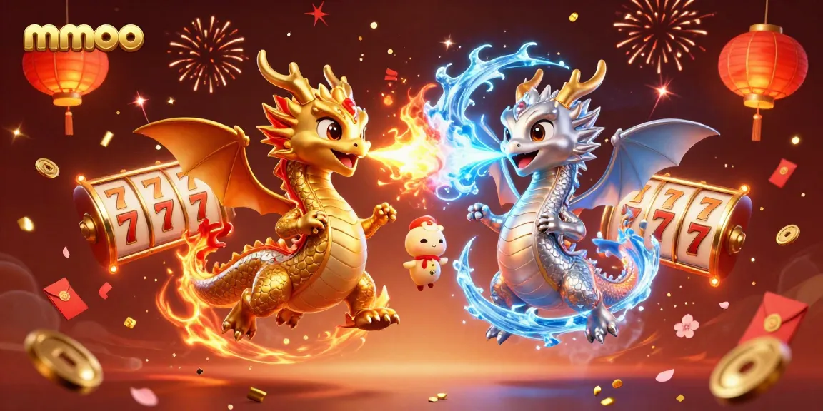 Mmoo players enjoy thrilling slot games symbolized by twin dragons unleashing their magic.