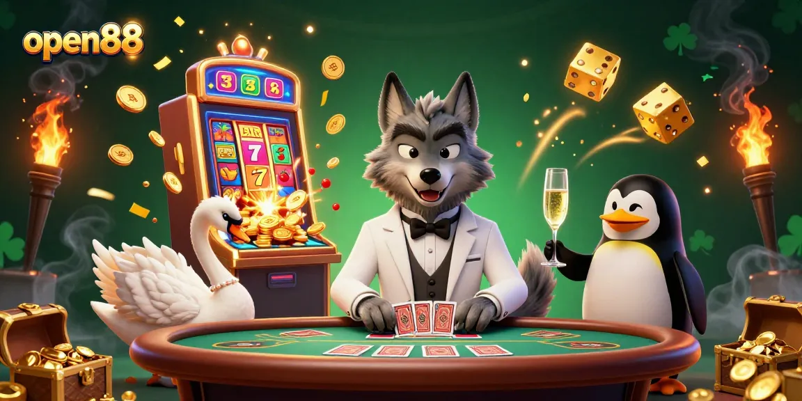 Experience thrilling gameplay at open88, featuring a captivating scene with a cartoon wolf, elegant swan, and a penguin at a baccarat table amidst a flurry of casino action.