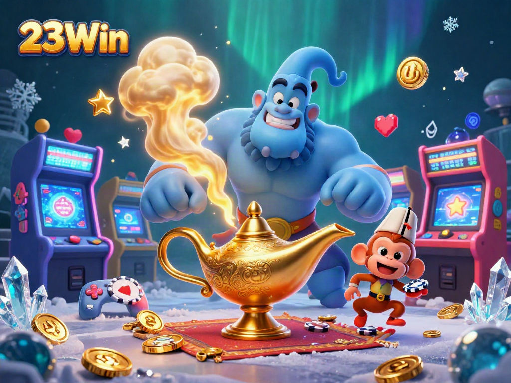 Engage with 23Win's vibrant casino world featuring a genie, monkey, and poker elements.