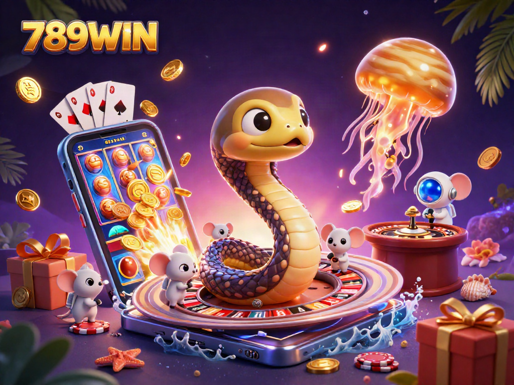 Spin to win with 789WIN at a cosmic casino, featuring vibrant characters and games