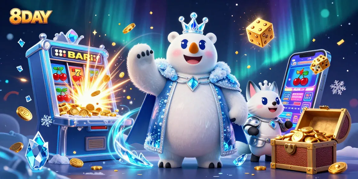 Play exciting games at 8DAY with unique jackpots and vibrant casino elements surrounding the characters.