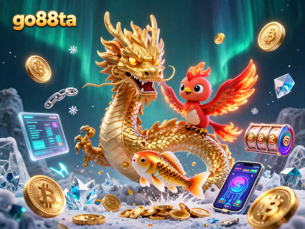Experience go88ta with an exciting 3D illustration of a dragon, phoenix, and koi fish.