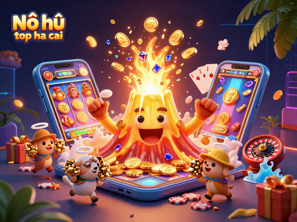 Nổ hũ top nha cai reveals a thrilling casino scene with a golden volcano and colorful slot game elements.