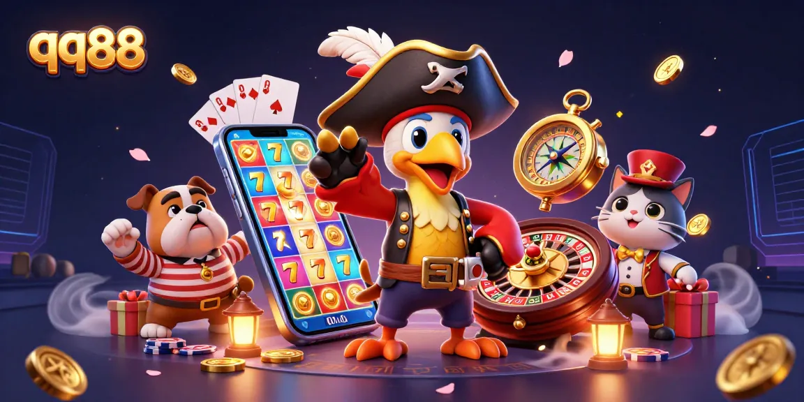 Experience thrilling slot gameplay with qq88's interactive characters amid dynamic gambling elements.