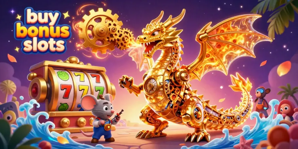 Experience exhilarating buy bonus slots action with a golden dragon and dynamic gameplay elements.