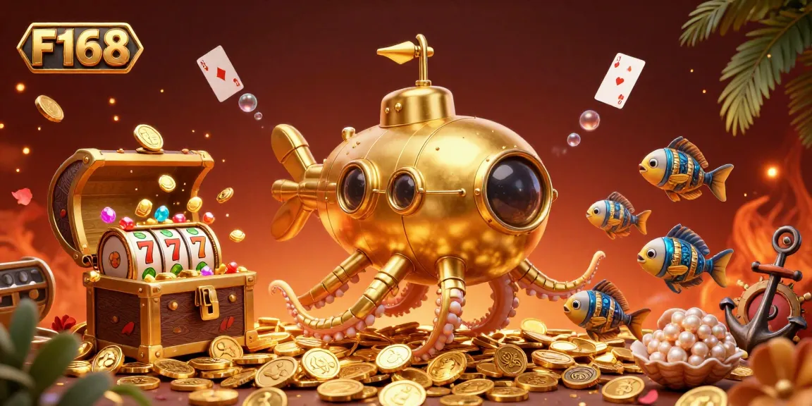 Experience the excitement of F168 with a golden kraken submarine amidst casino treasures.