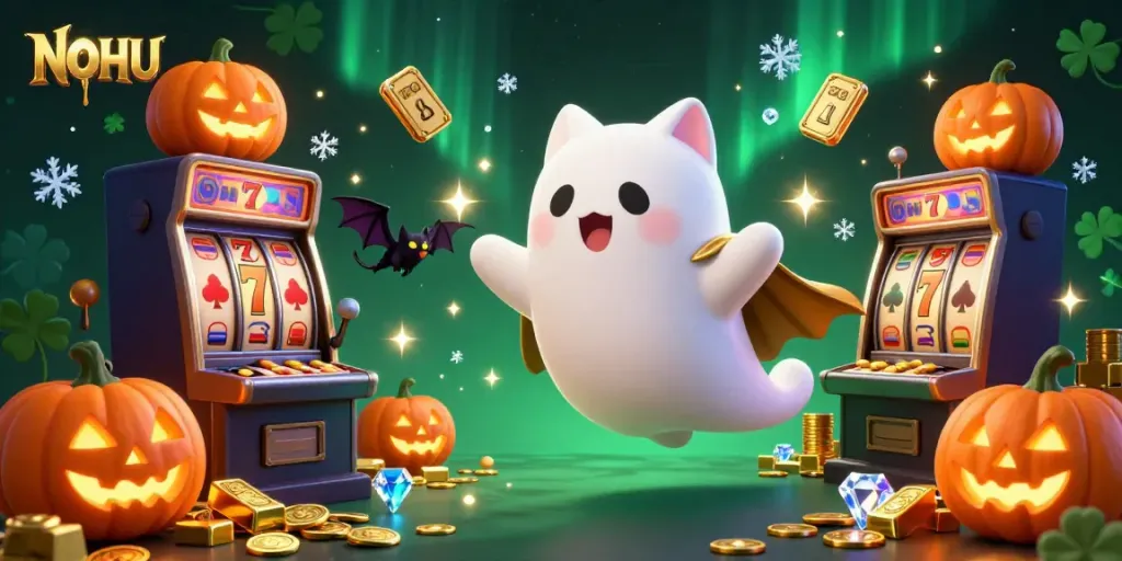 Experience the thrill of NOHU with vibrant characters and dynamic casino elements in this colorful illustration.