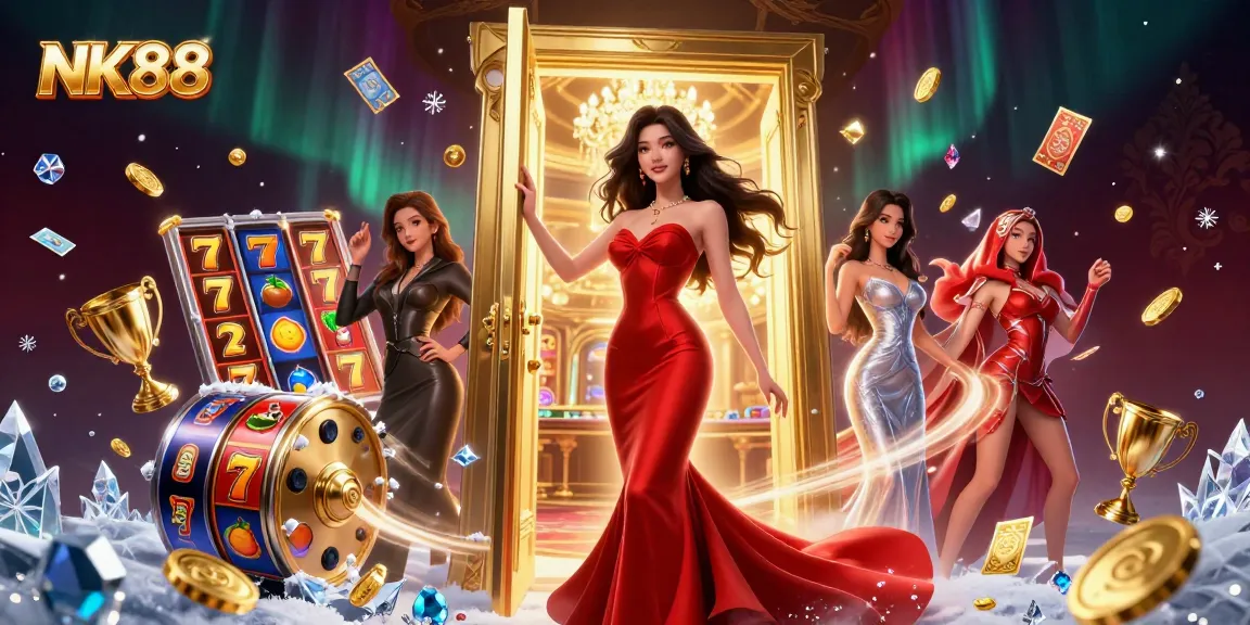 Experience the excitement of NK88's gaming world with vibrant slot elements and golden trophies.