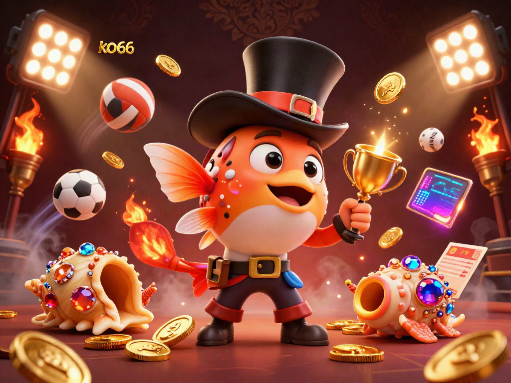 Engage with ko66's thrilling gaming experience as characters attract coins in an exhilarating casino setting.