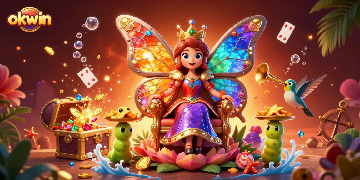 Engage in excitement with okwin's vibrant casino world featuring enchanting characters and treasures.