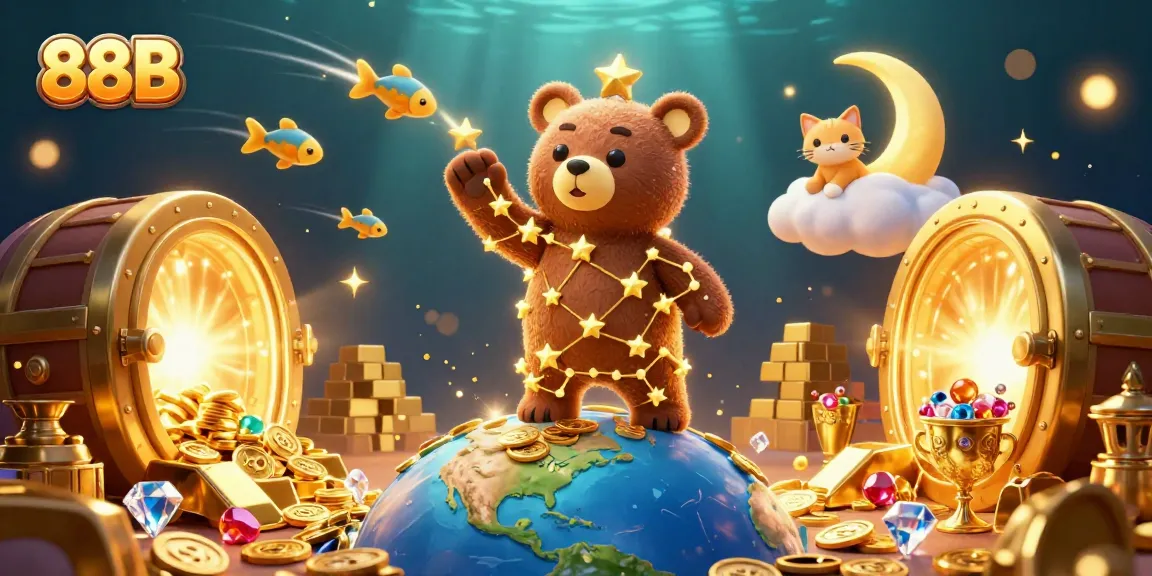 88B constellation bear scooping coins in a rich, vibrant casino scene with treasure vaults.