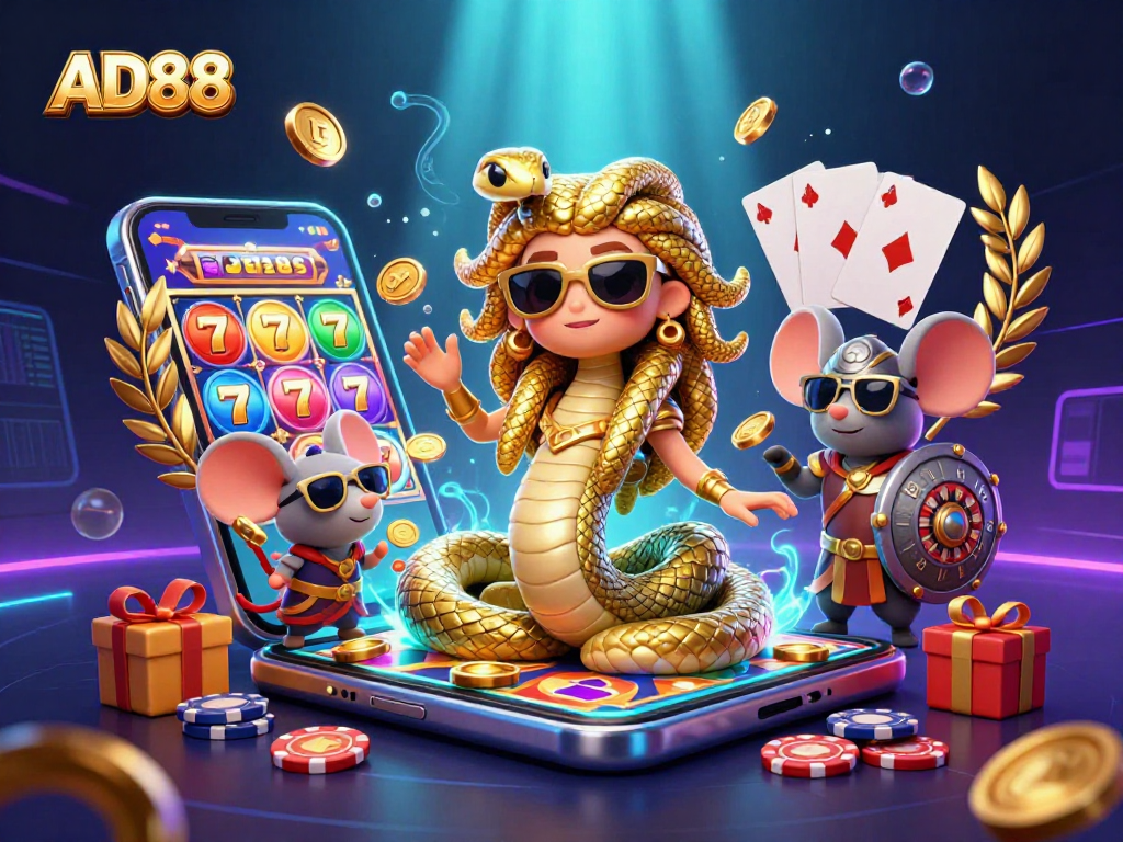 Experience the thrills of AD88 with Medusa and her playful gaming companions in a vibrant casino illustration.