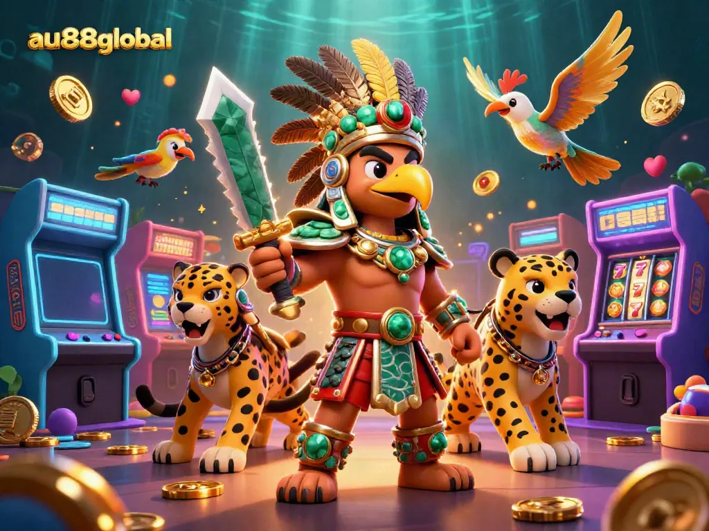 Engage with the vibrant atmosphere of au88global's casino scene featuring Aztec-inspired warriors surrounded by gaming elements.