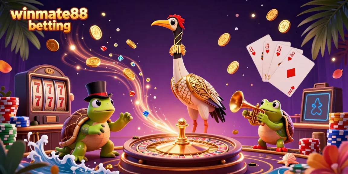 Experience the excitement of winmate88 betting with a vibrant casino scene featuring a unique crane, turtle, and frog.