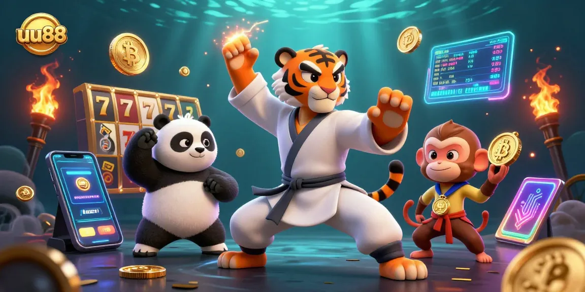 Engage with uu88's vibrant slot games featuring a kung fu tiger and panda in a lively casino scene.