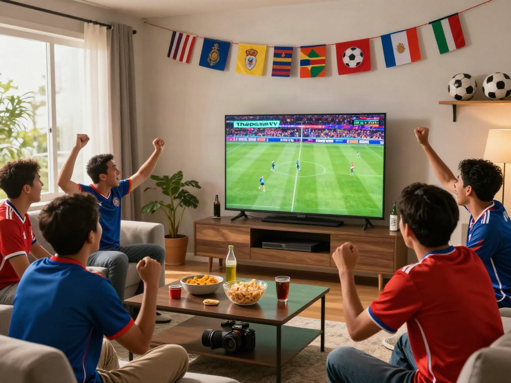 Fans enjoying a live Thapcamtv football match in an engaging living room setting.