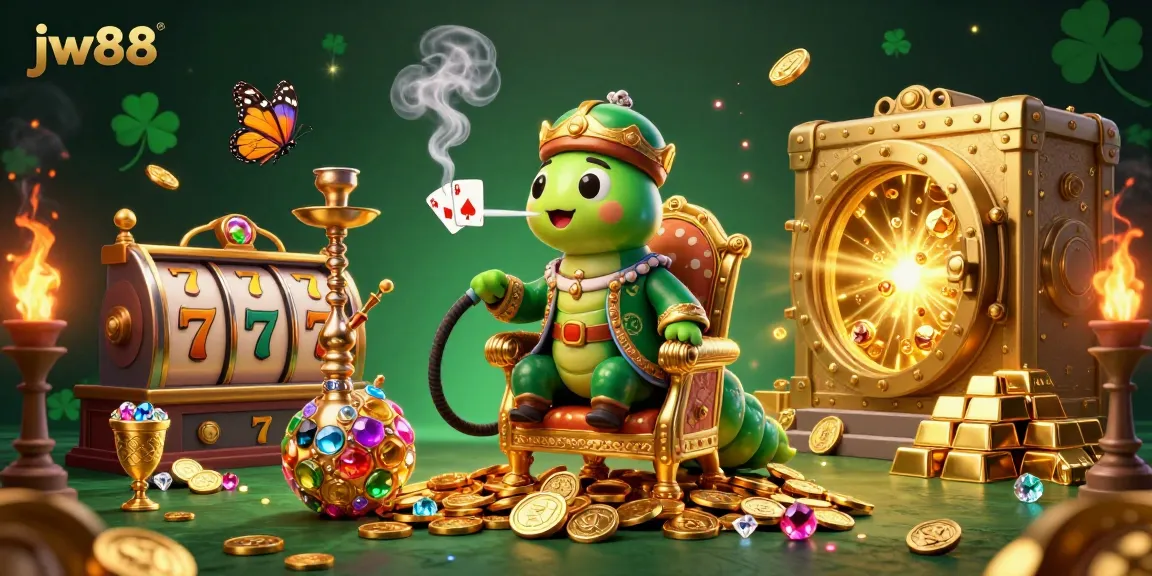 Engage with jw88 in a rich casino scene featuring a vibrant 3D caterpillar master amidst gold treasures.