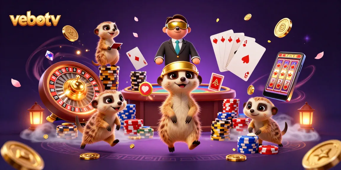 Watch vebotv's meerkats skillfully managing a vibrant casino with spinning roulette wheels and dazzling chips.