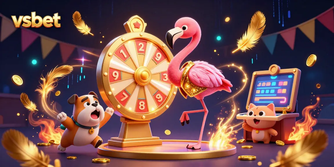 Engage with vsbet in a lively casino scene featuring a game show host, bulldog contestant, and cat assistant.
