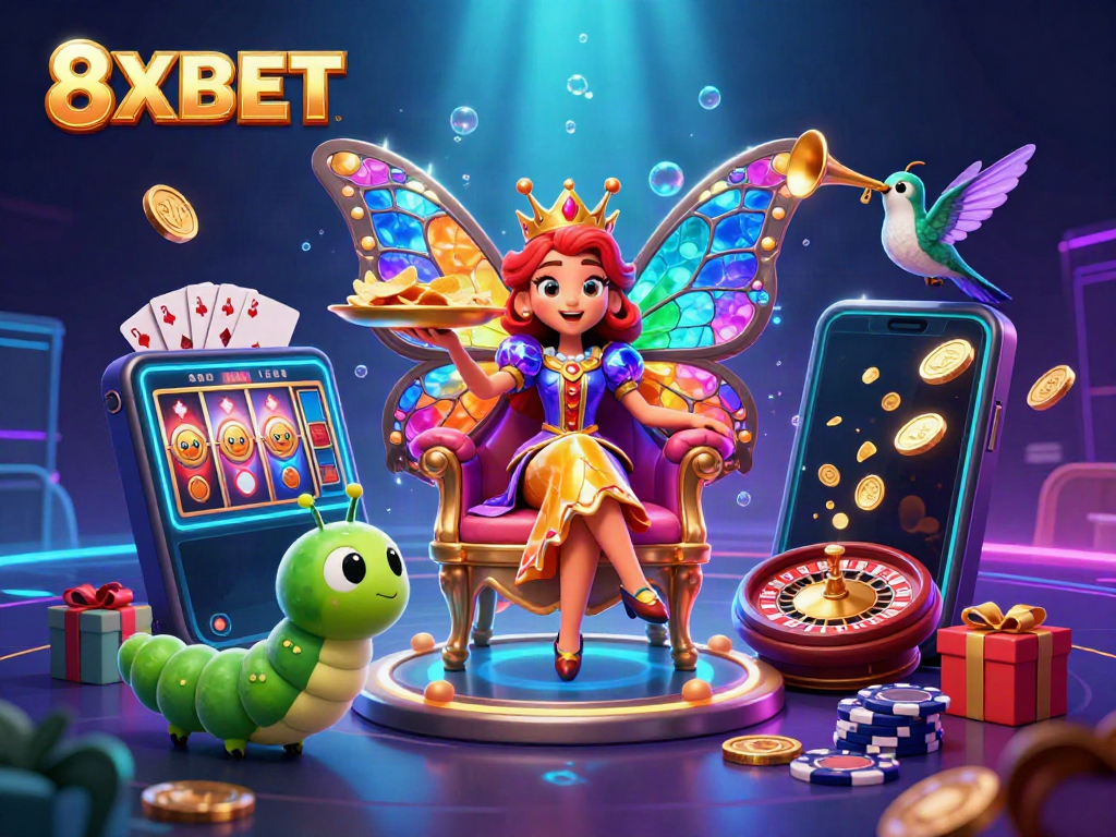 Engage with the enchanting 8XBET casino world, featuring a vibrant butterfly queen amidst dazzling gaming elements.
