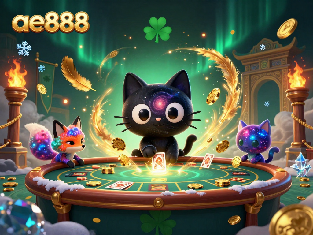 Join the cosmic casino adventure with ae888, featuring a black hole cat and nebula fox collecting chips.