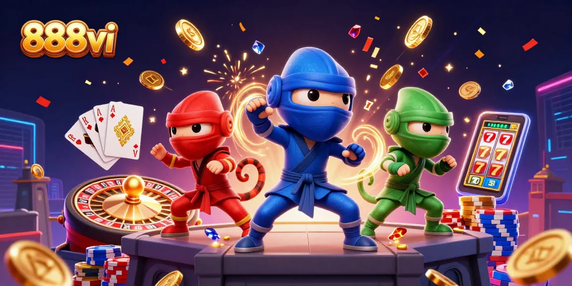 Experience the thrill of 888vi with colorful characters and dynamic casino-themed elements in action.