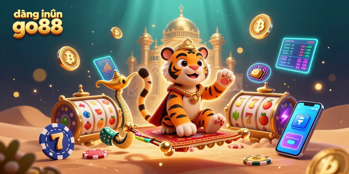 Experience excitement with đăng nhập go88 amidst slot machines, tiger sultan, and vibrant casino elements.