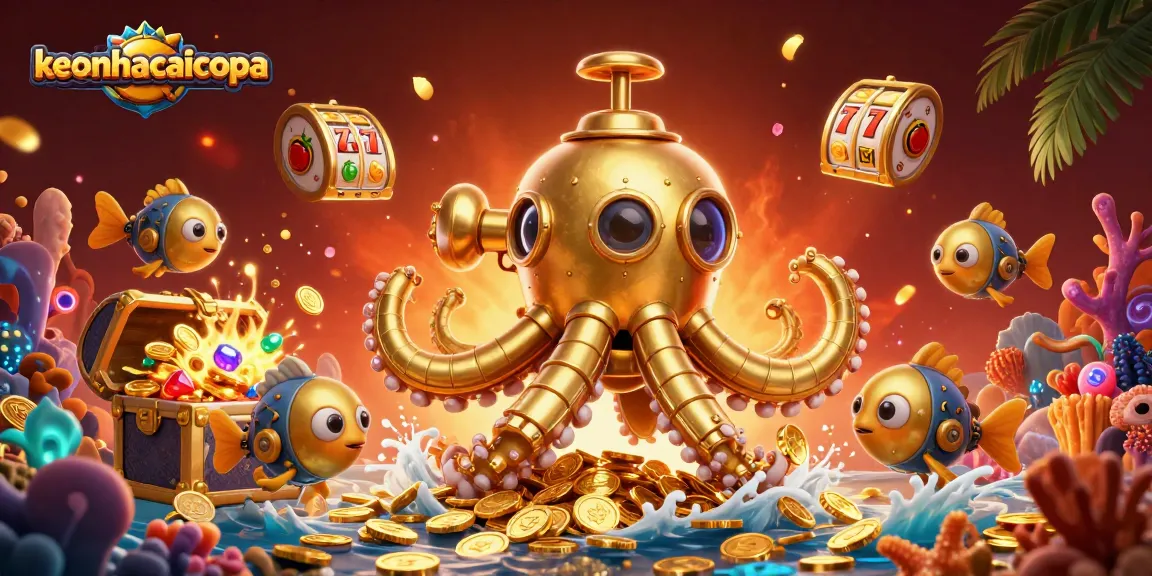 Experience thrilling gameplay at keonhacaicopa with golden kraken submarine amidst a treasure-filled scene.