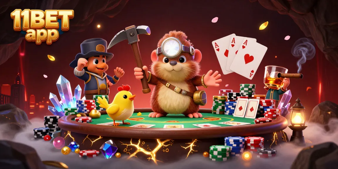 Engage with the thrilling 11BET app's vibrant gaming environment featuring a treasure hunter mole and poker excitement.