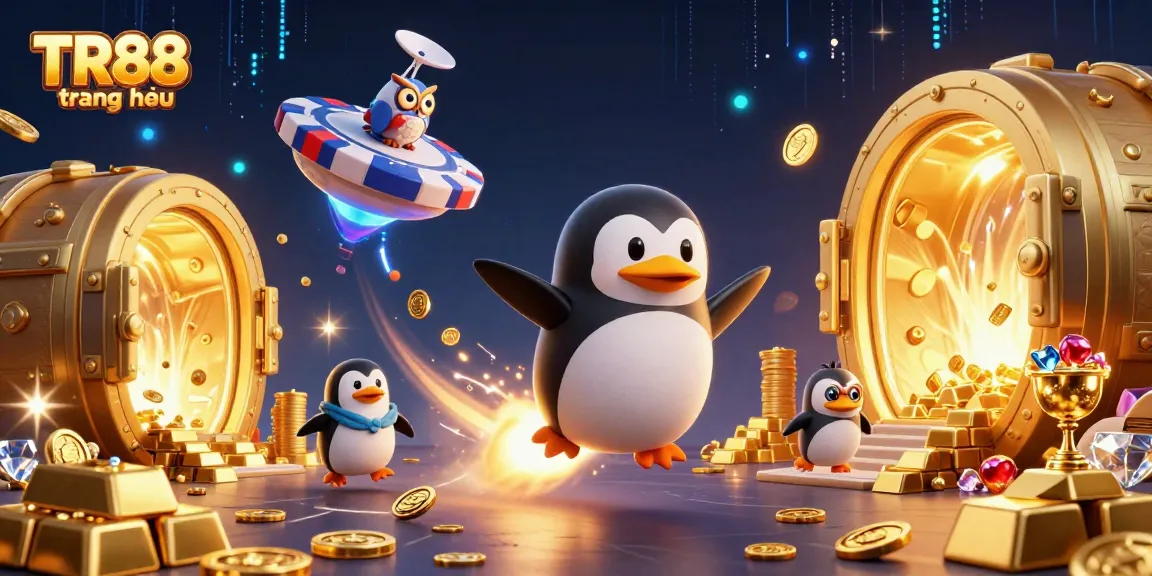 Experience TR88 trang chủ with a golden penguin launching into a whimsical casino world filled with treasures.