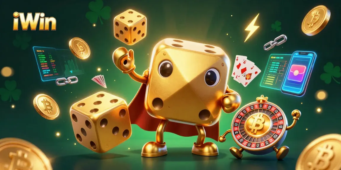 Experience thrilling gameplay in iWin's vibrant casino scene filled with golden dice, crypto coins, and dynamic energy.