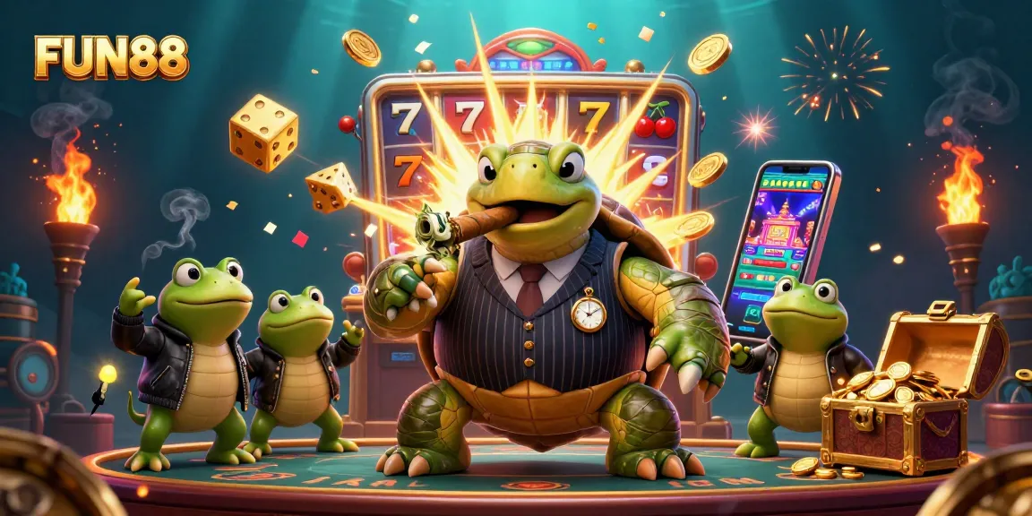 Experience FUN88 with the turtle mobster in a dynamic casino scene filled with vibrant elements.