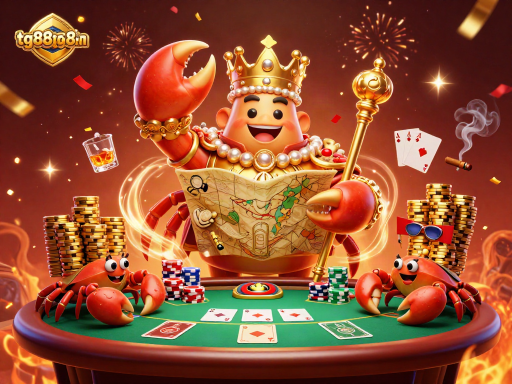 Experience the vibrant gaming world with tg88tg88-xun's golden crab emperor amidst a poker scene.