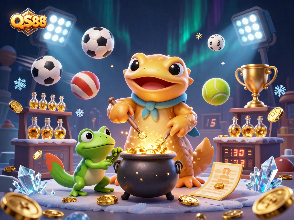 Experience the magic of QS88 as our golden salamander alchemist transforms metals into gold coins amidst sports excitement.
