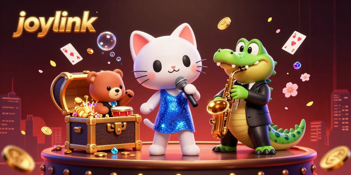 Experience the joylink magic with vibrant casino-themed characters and treasures illuminating the gaming realm.