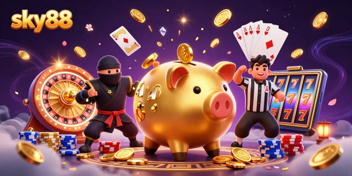 Experience thrilling sky88 casino action with a golden piggy bank wrestler and ninja amidst flying treasure.