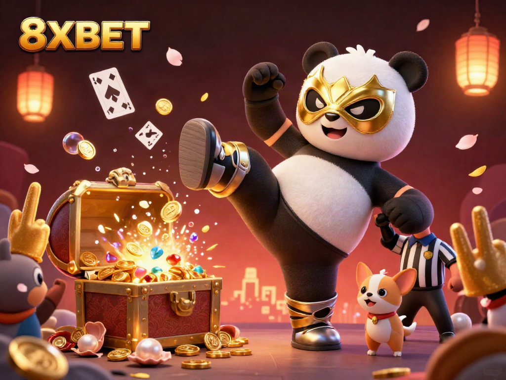Experience the thrill of 8XBET with a vibrant 3D illustration of gameplay featuring a dynamic wrestling panda and engaging elements.