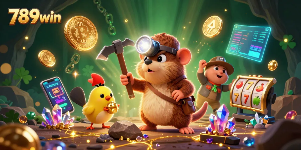 Engage in the thrilling world of 789win with a cartoon treasure hunter and crypto elements.