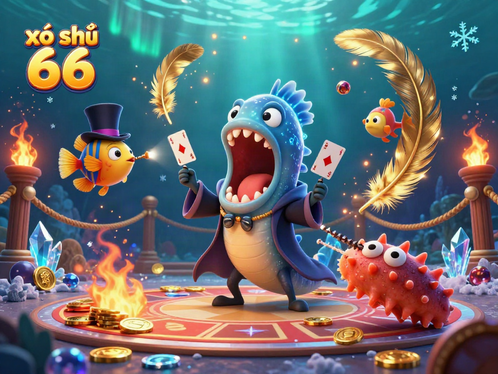 Engage in the excitement of xổ số 66 with a vibrant underwater magic scene featuring lively characters and gambling elements.