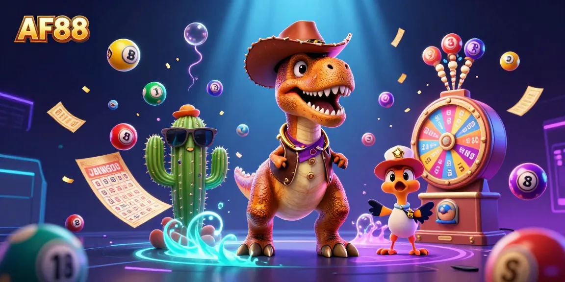 Experience the excitement of AF88 with vibrant lottery balls and playful characters in a dynamic casino scene.